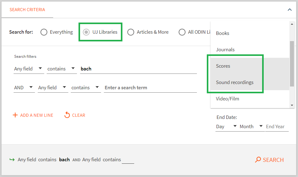 screenshot of the library catalog advanced search with material type options for scores and sound recordings highlighted