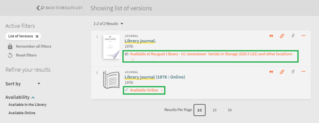 screenshot of the library catalog journal search with print and online viewing options highlighted