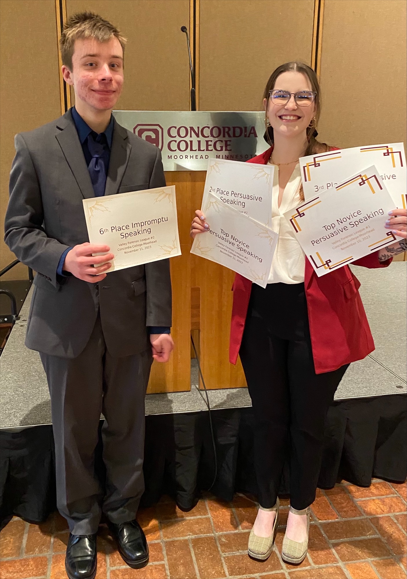 Two Speech members with awards won at Concordia tourney.